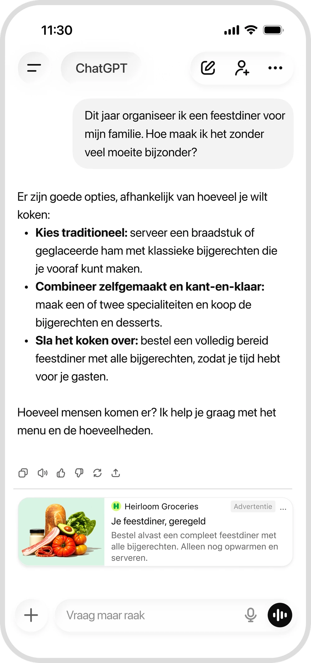 Een gesprek met ChatGPT waarin een klant hulp krijgt bij het vinden van een cadeau voor de feestdagen.